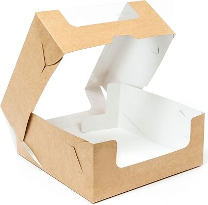 Коробка картонная для торта 190х185х75мм С круговым окном, самосборная цвет Белый/Бурый (х1/25)